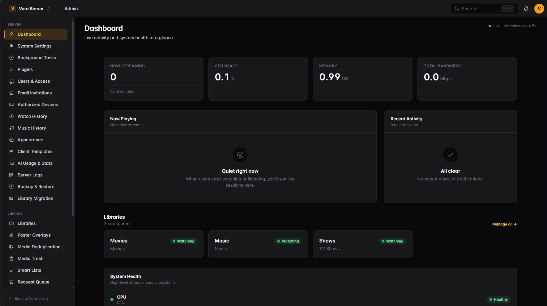 The Vora admin dashboard showing live streams, CPU, memory, bandwidth and library status