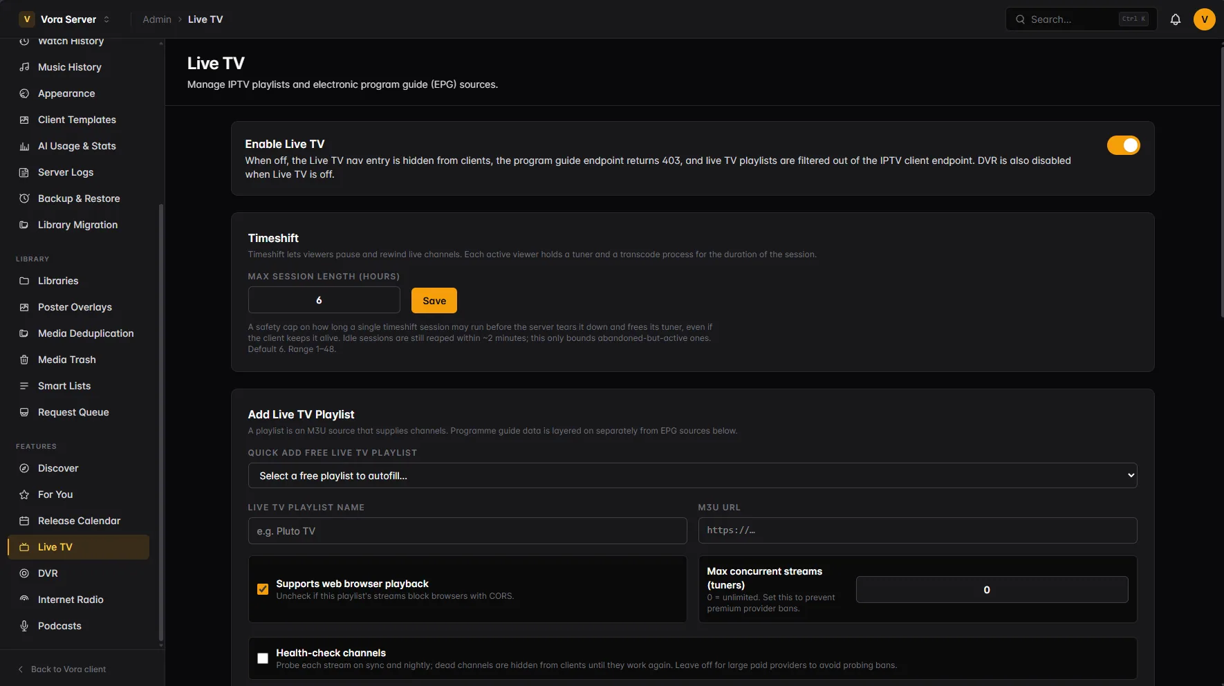 IPTV playlist and EPG configuration
