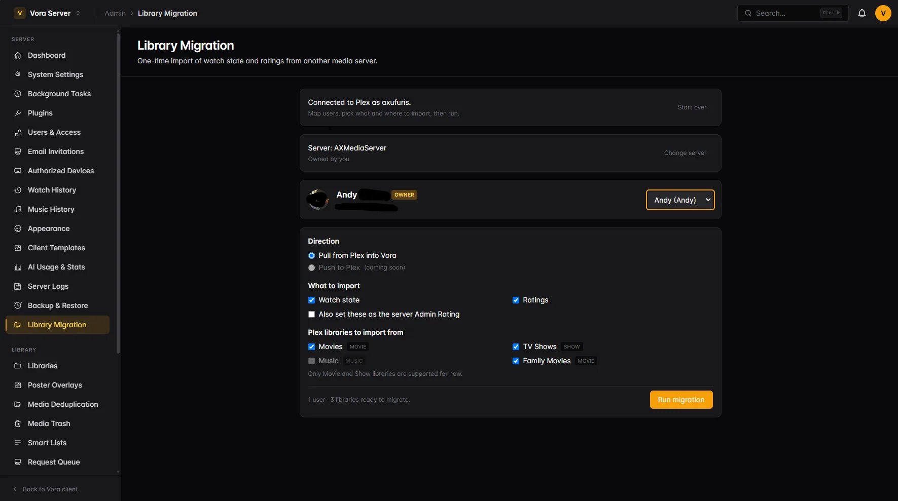 The Plex import tool in the Vora admin