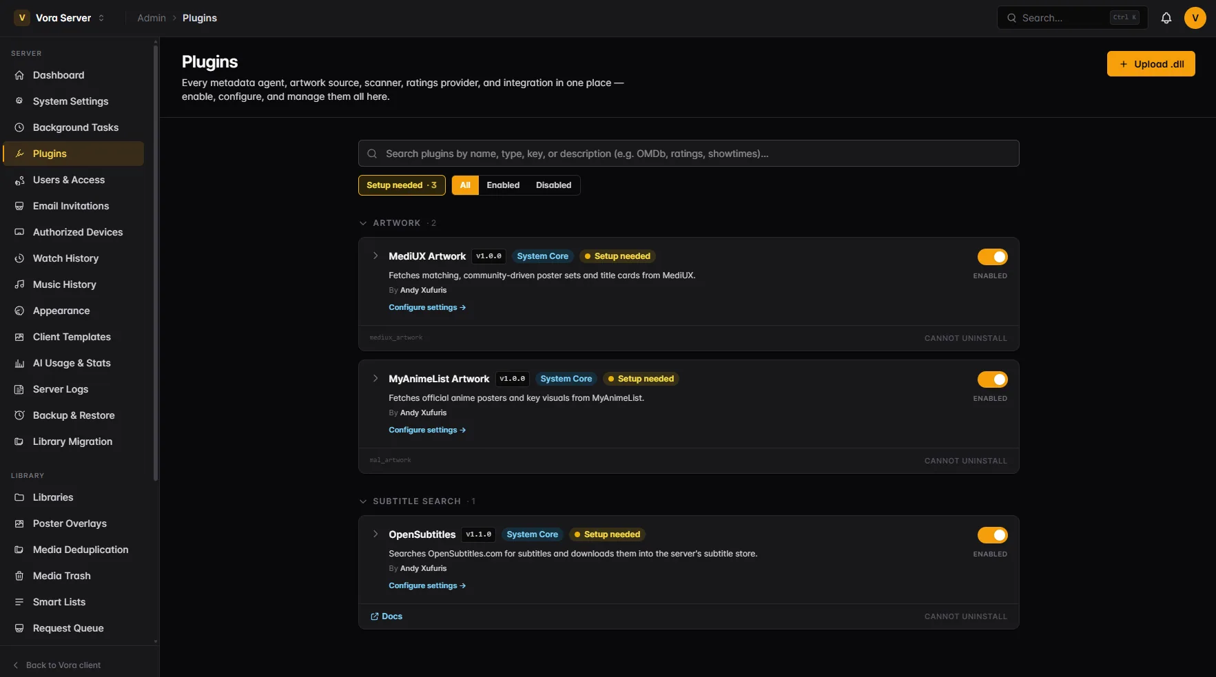 The plugin list in the Vora admin