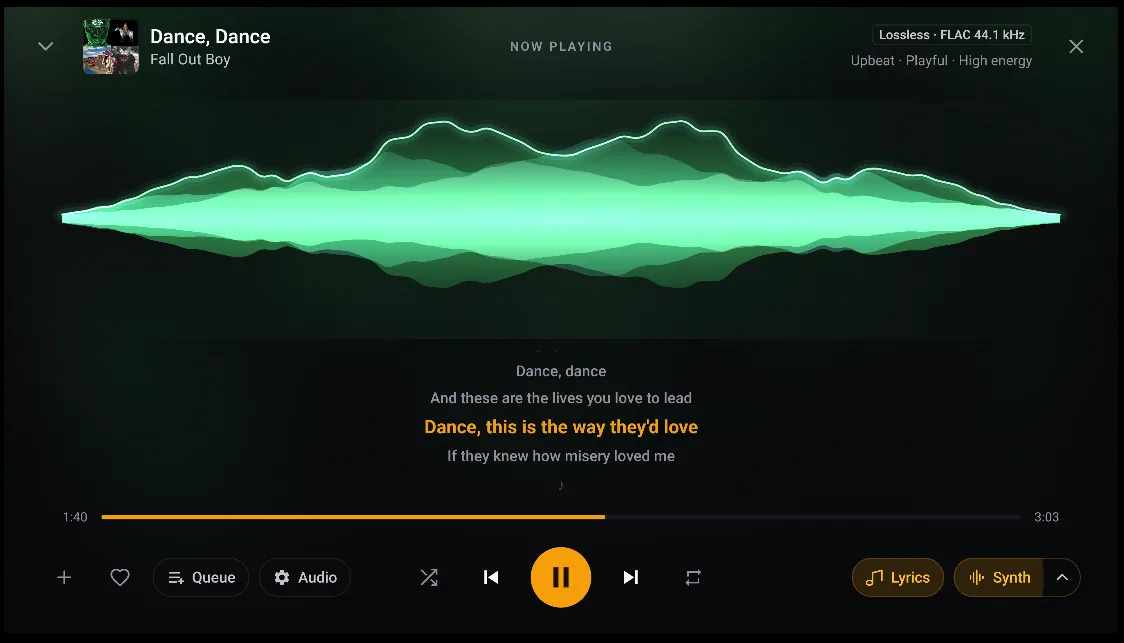 The Synth visualizer above synced lyrics on Android TV