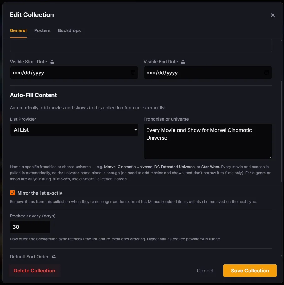 The collection editor filling a collection from a franchise named in plain language