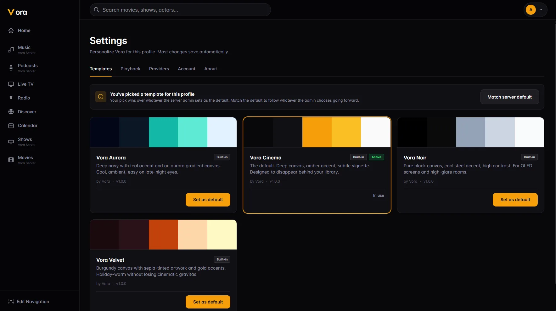 The client template picker showing alternative visual themes