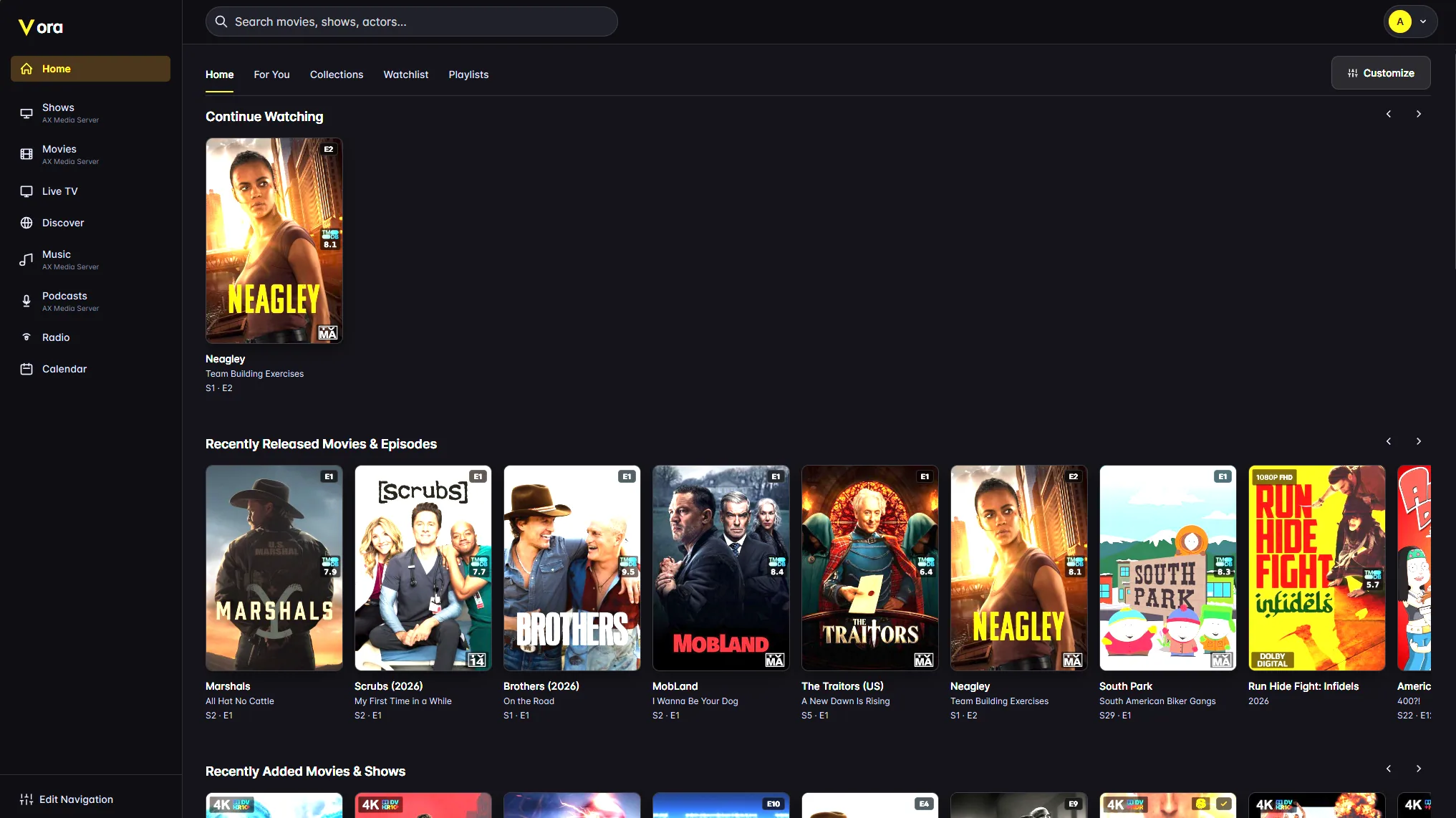 The Vora home screen showing Continue Watching and Recently Released rows