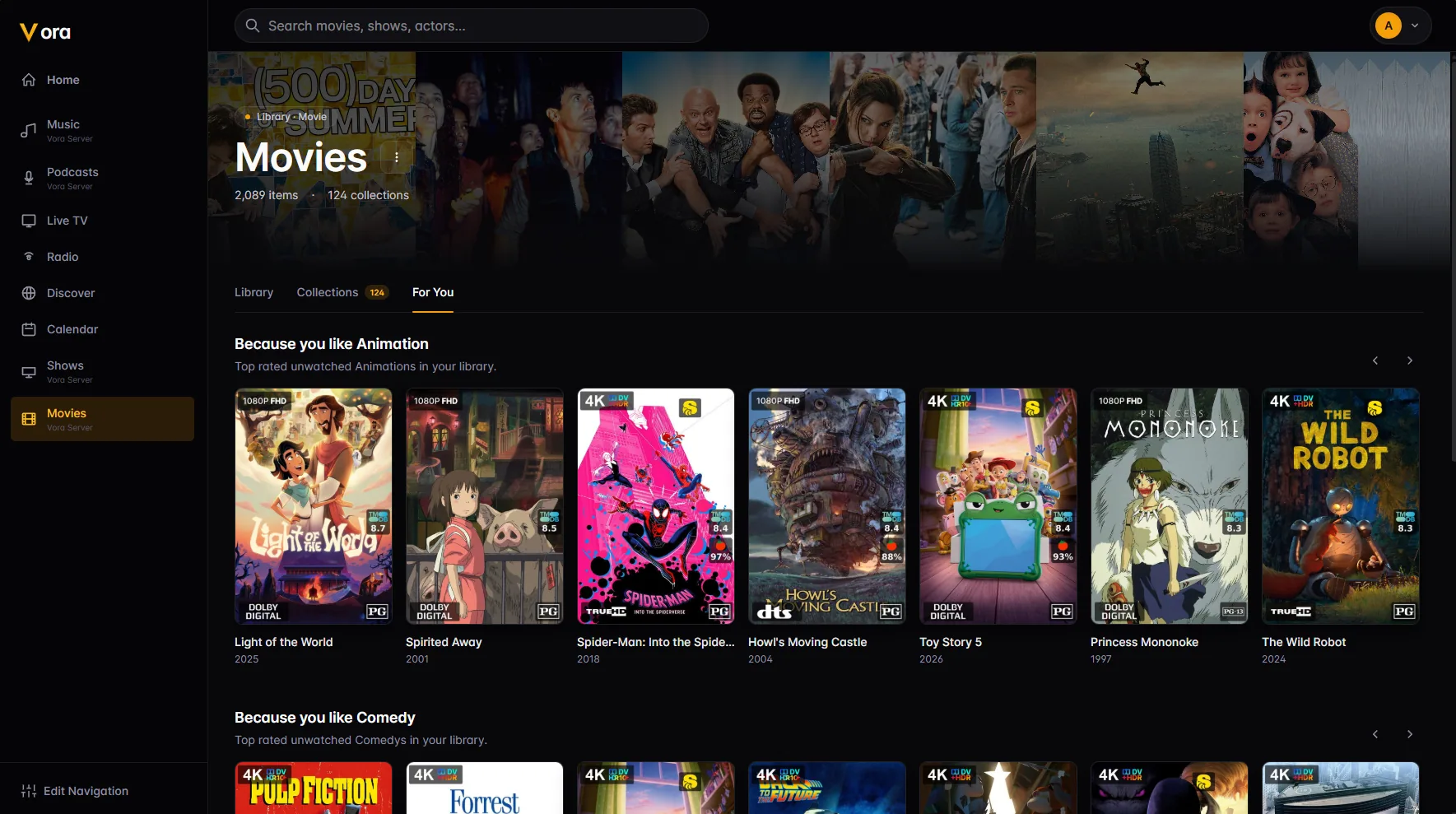 A library page with For You recommendation rows drawn from the user's own collection