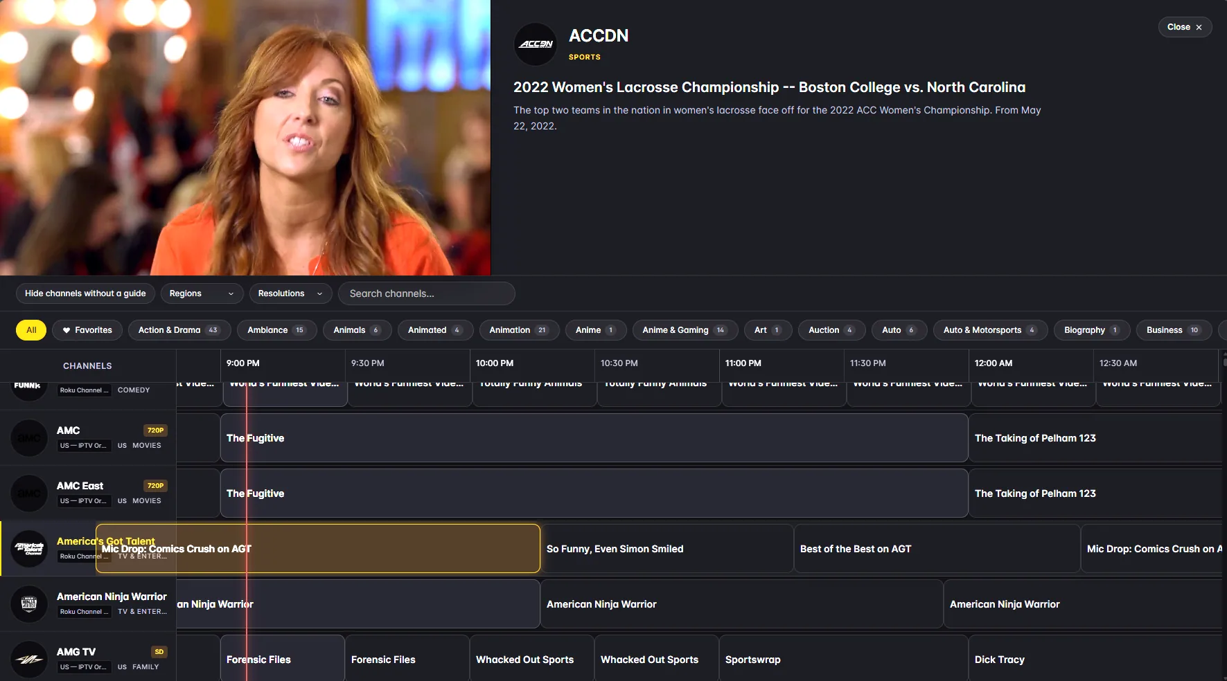 The Vora live TV guide with a preview window, category filters and a channel grid