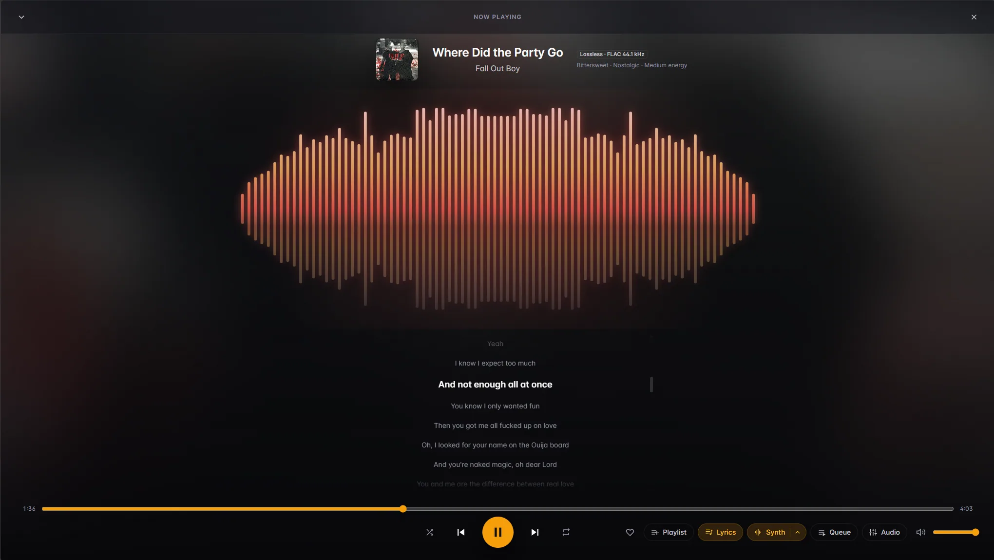 The Vora music player showing a visualizer above synced lyrics, over an art-tinted background