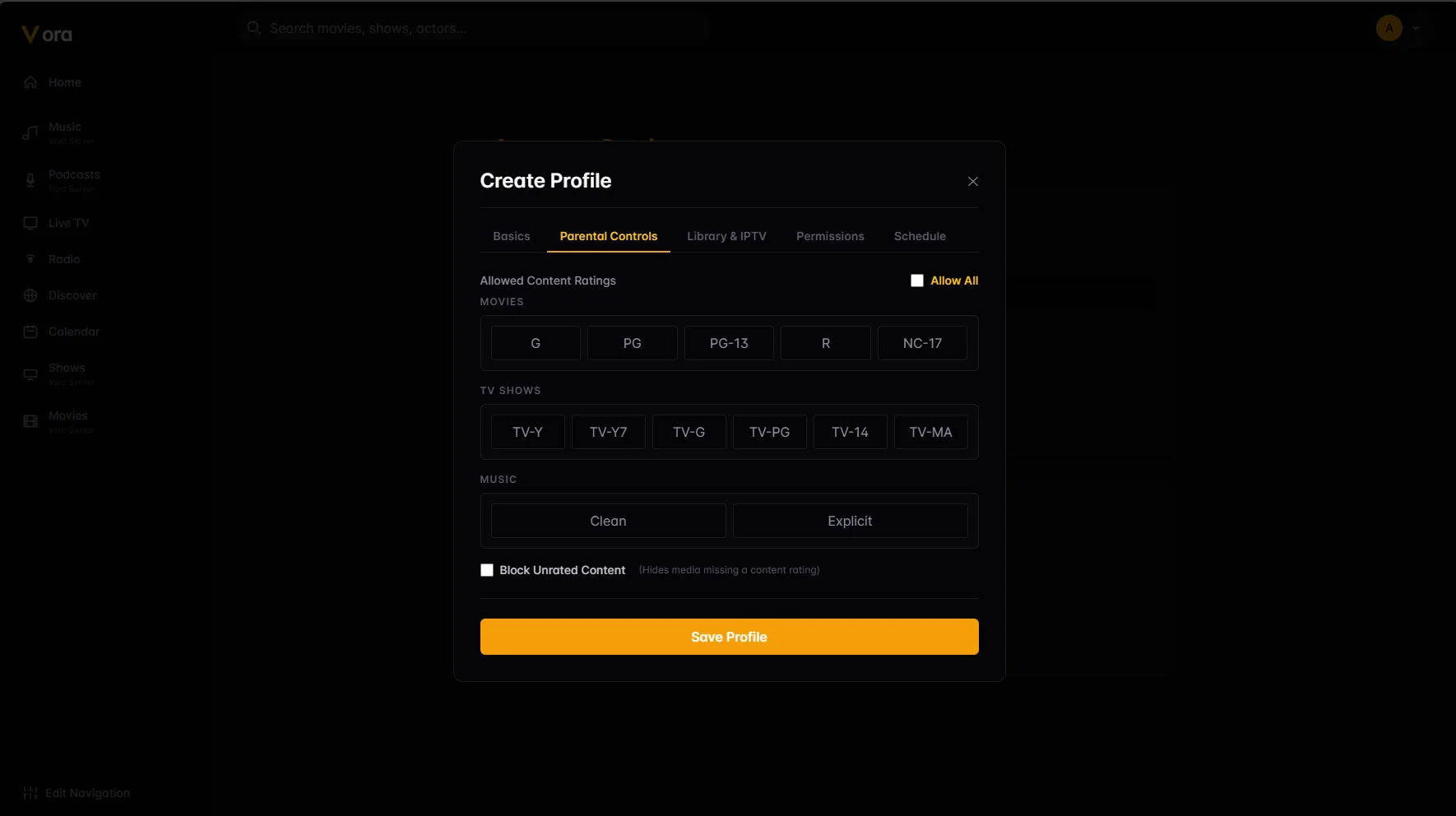 The profile editor open on the Parental Controls tab with per-rating toggles