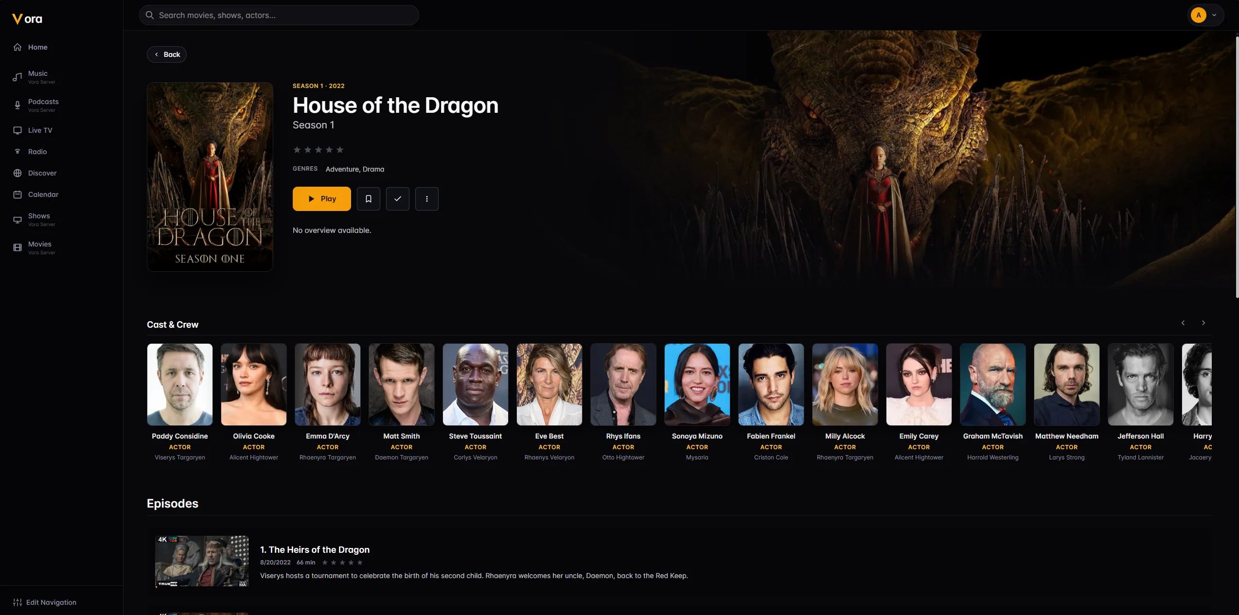 A season page with cinematic backdrop, cast rail and episode list